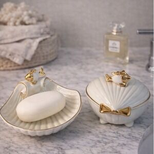 Vtg‎ Enesco Porcelain Seashell Soap Dish Trinket Box Set Gold Trim Fish Handles